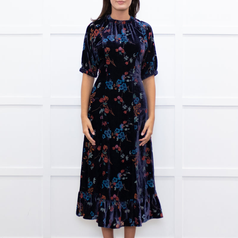 Sea New York Navy Rust Devore Puff Sleeve Midi Dress