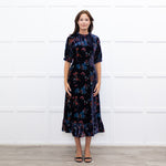 Sea New York Navy Rust Devore Puff Sleeve Midi Dress