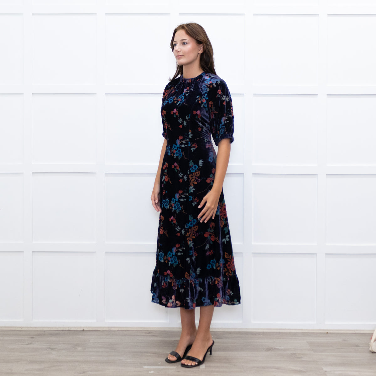 Sea New York Navy Rust Devore Puff Sleeve Midi Dress