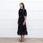 Sea New York Navy Rust Devore Puff Sleeve Midi Dress
