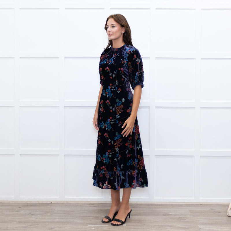 Sea New York Navy Rust Devore Puff Sleeve Midi Dress