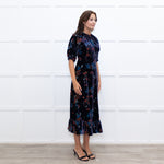 Sea New York Navy Rust Devore Puff Sleeve Midi Dress
