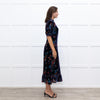 Sea New York Navy Rust Devore Puff Sleeve Midi Dress