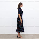 Sea New York Navy Rust Devore Puff Sleeve Midi Dress