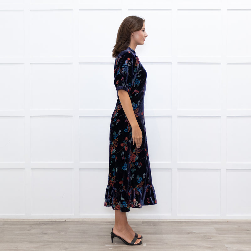 Sea New York Navy Rust Devore Puff Sleeve Midi Dress