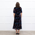 Sea New York Navy Rust Devore Puff Sleeve Midi Dress