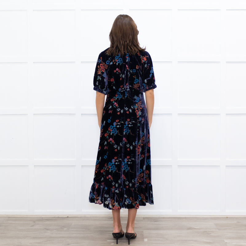 Sea New York Navy Rust Devore Puff Sleeve Midi Dress