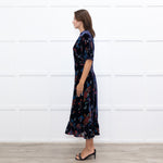Sea New York Navy Rust Devore Puff Sleeve Midi Dress