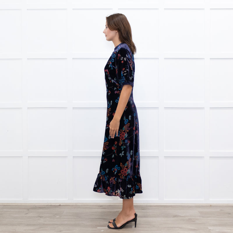 Sea New York Navy Rust Devore Puff Sleeve Midi Dress