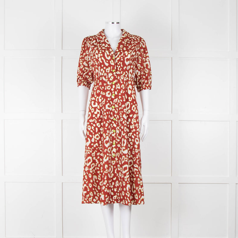Kitri Brown Lime Green Printed Midi Dress