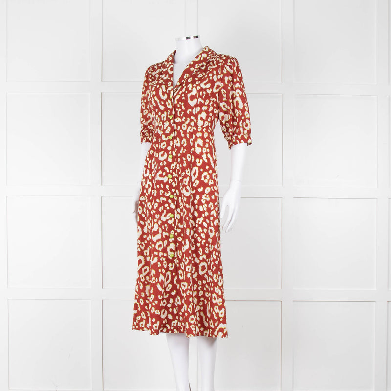 Kitri Brown Lime Green Printed Midi Dress