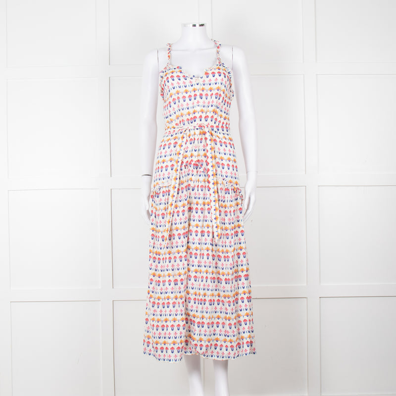 Beulah Cream Red Blue Floral Print Sleeveless Cotton Midi Dress