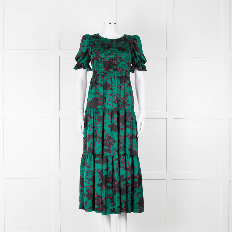 Kitri Green Black Printed Shirred Bodice Maxi Dress