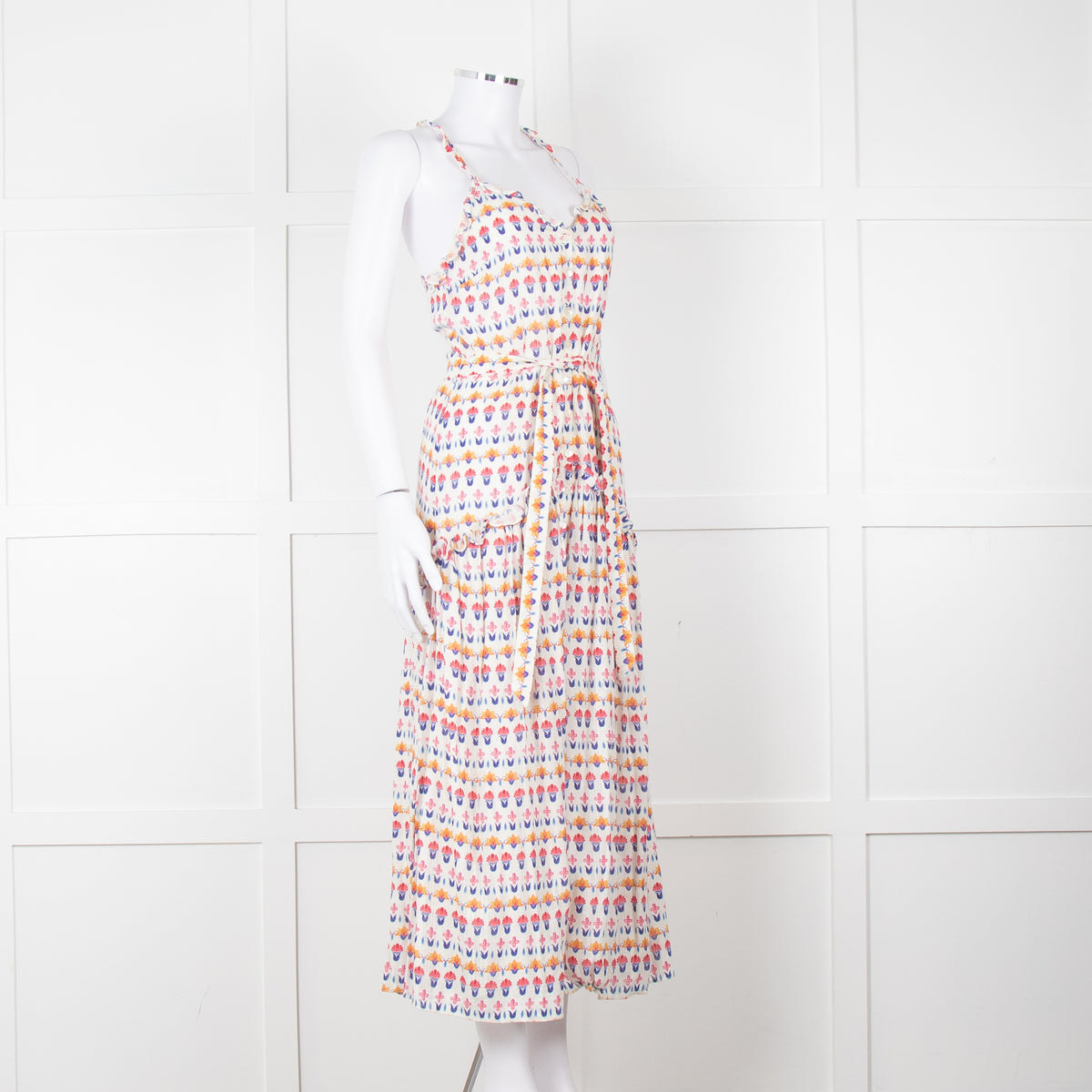 Beulah Cream Red Blue Floral Print Sleeveless Cotton Midi Dress