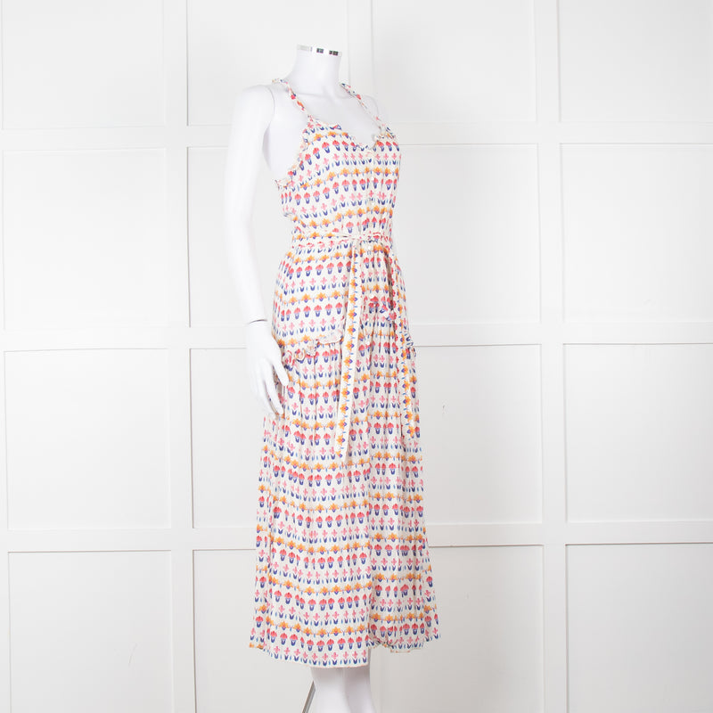 Beulah Cream Red Blue Floral Print Sleeveless Cotton Midi Dress