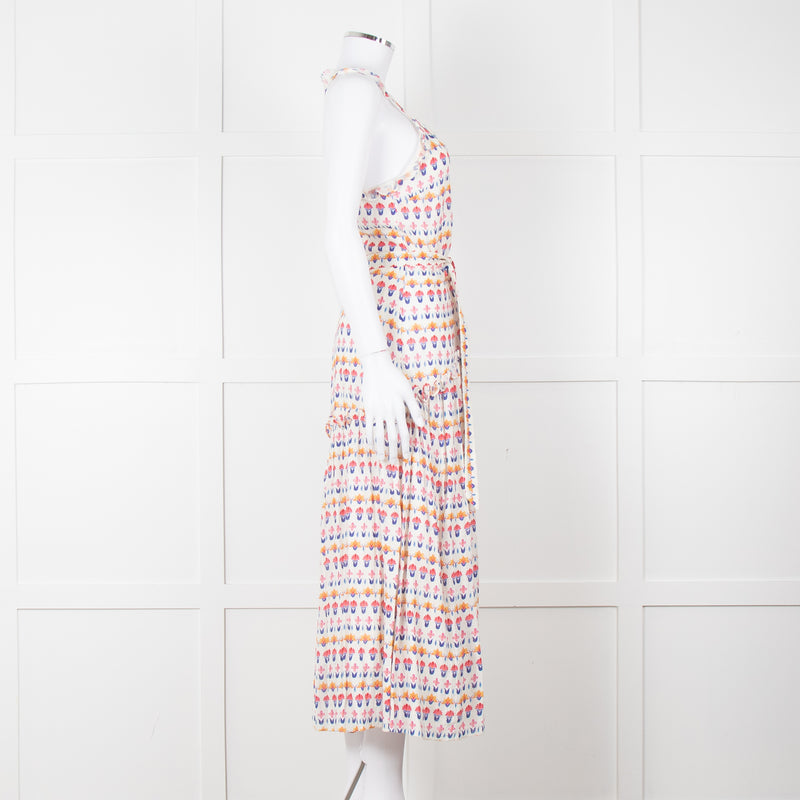 Beulah Cream Red Blue Floral Print Sleeveless Cotton Midi Dress