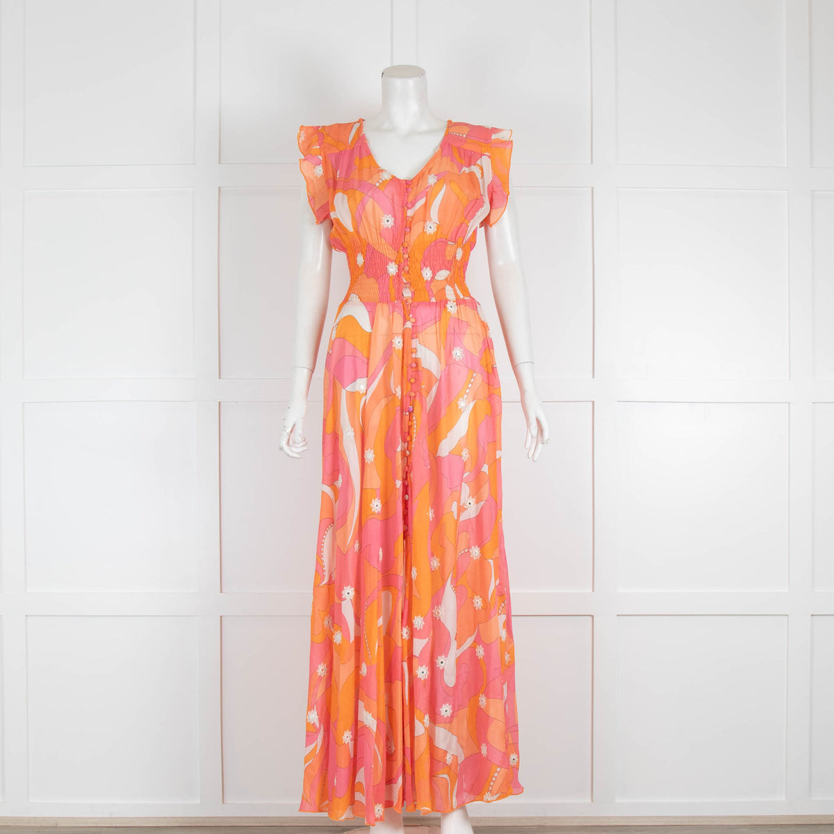Miss June Orange & Pink Patterned Maxi Dress with Button Front
