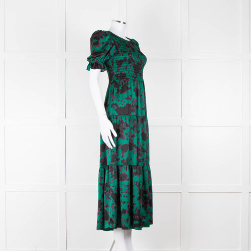 Kitri Green Black Printed Shirred Bodice Maxi Dress