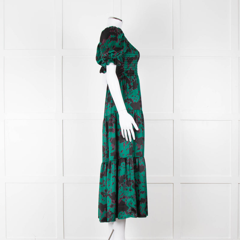 Kitri Green Black Printed Shirred Bodice Maxi Dress