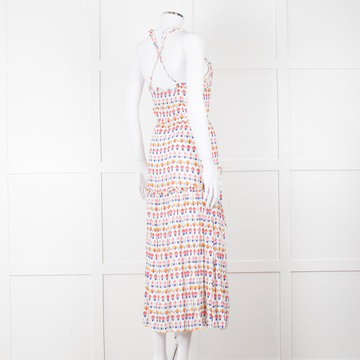 Beulah Cream Red Blue Floral Print Sleeveless Cotton Midi Dress