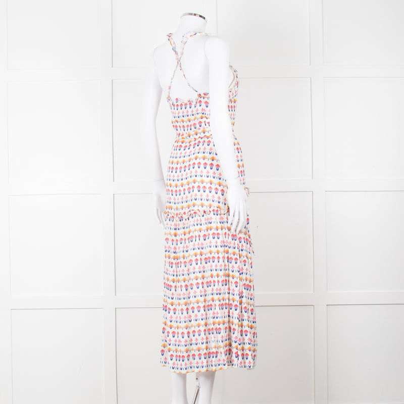 Beulah Cream Red Blue Floral Print Sleeveless Cotton Midi Dress