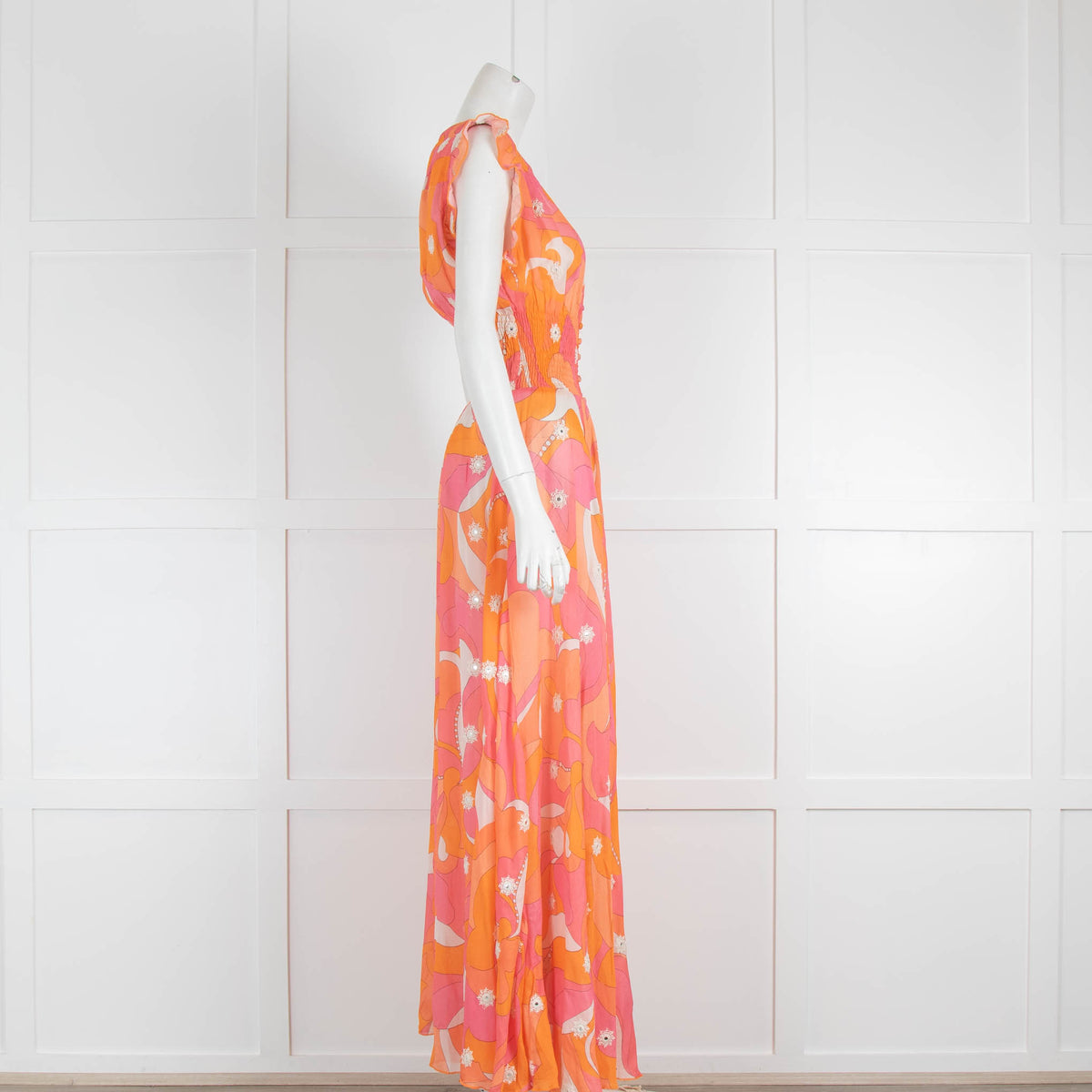 Miss June Orange & Pink Patterned Maxi Dress with Button Front