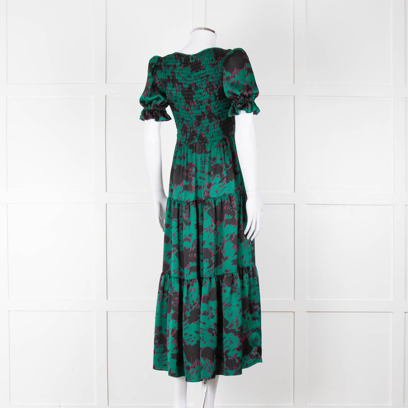 Kitri Green Black Printed Shirred Bodice Maxi Dress