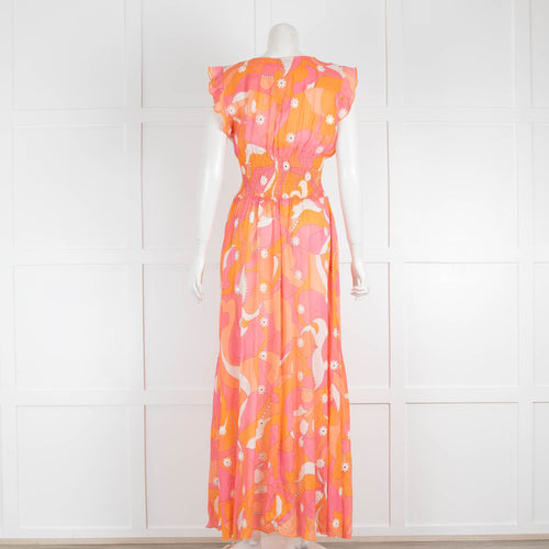 Miss June Orange & Pink Patterned Maxi Dress with Button Front