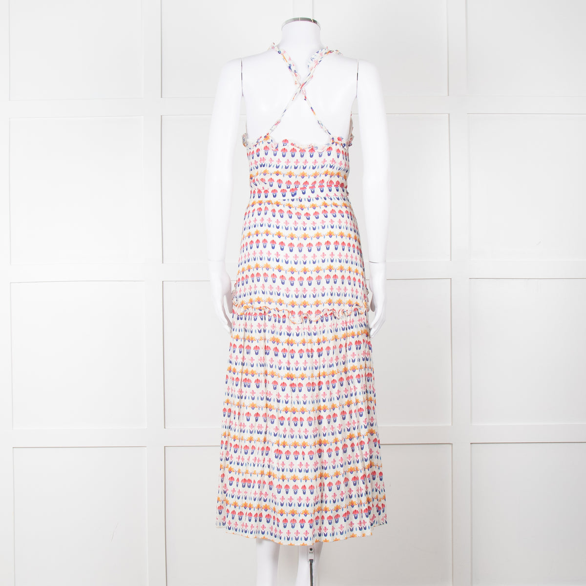 Beulah Cream Red Blue Floral Print Sleeveless Cotton Midi Dress