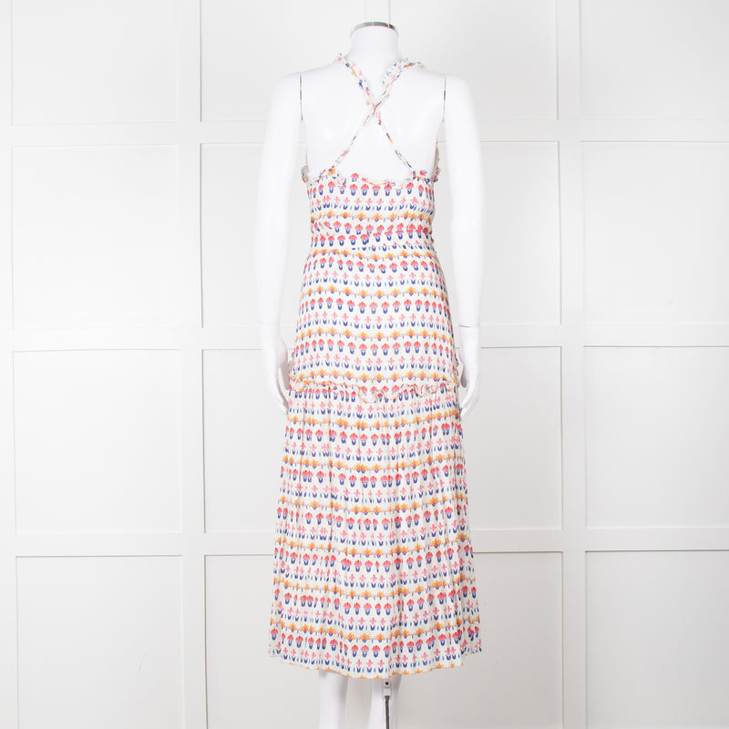 Beulah Cream Red Blue Floral Print Sleeveless Cotton Midi Dress