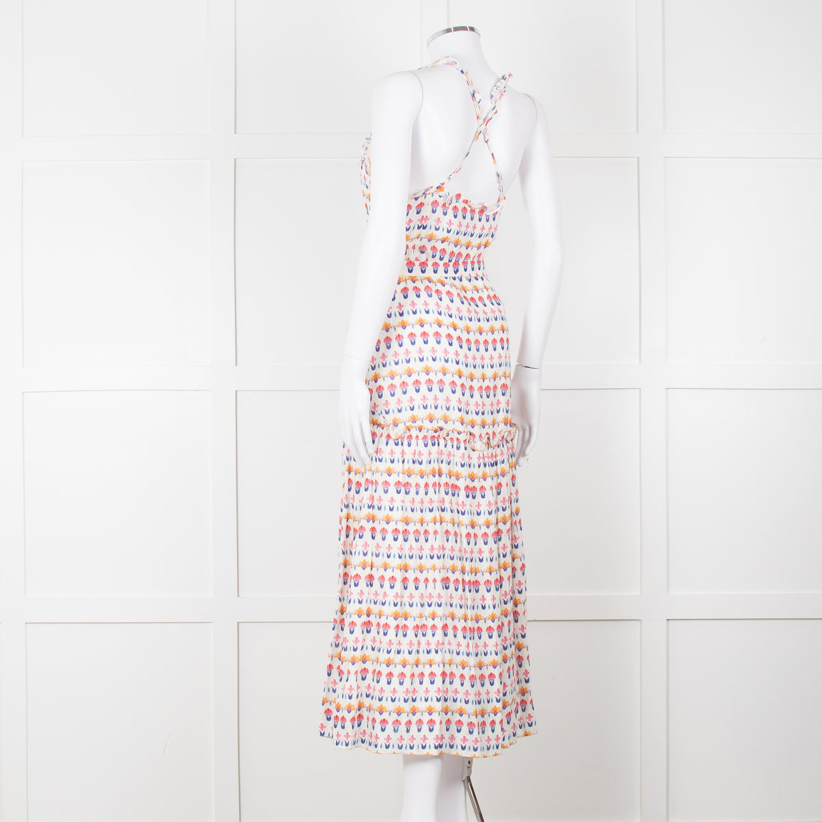 Beulah Cream Red Blue Floral Print Sleeveless Cotton Midi Dress