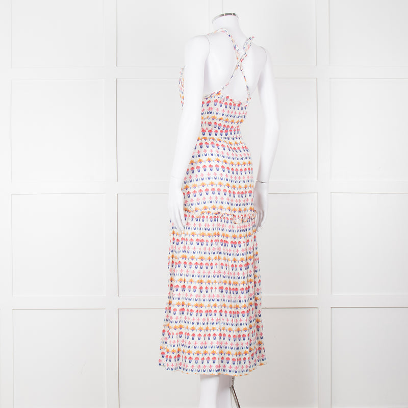 Beulah Cream Red Blue Floral Print Sleeveless Cotton Midi Dress