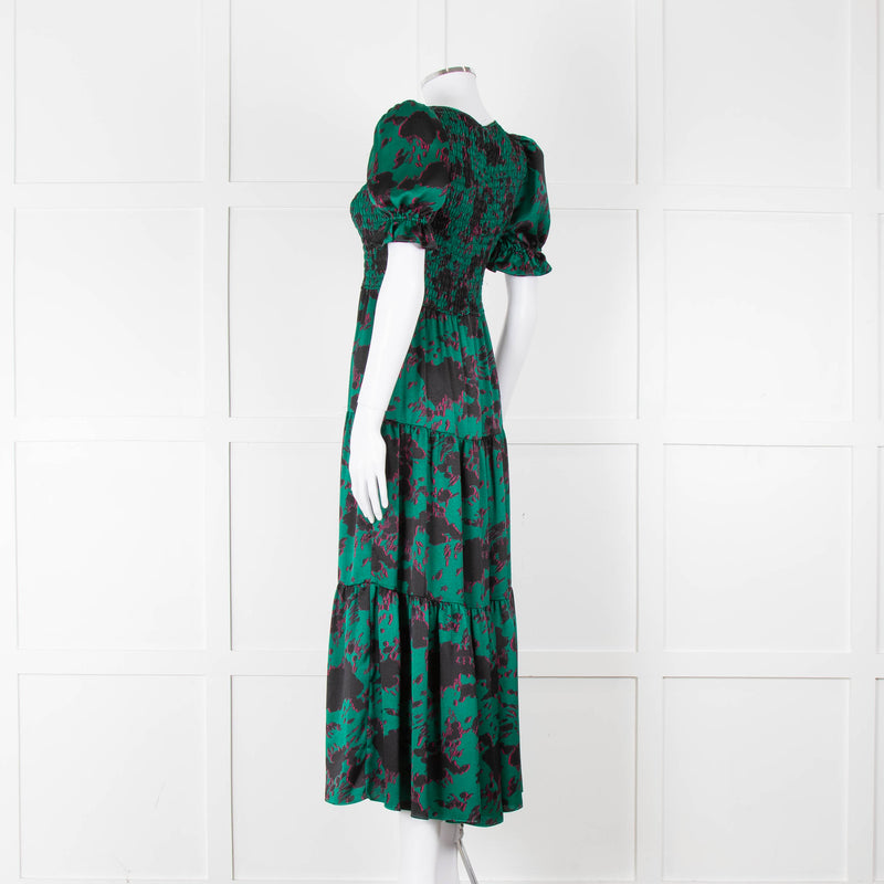 Kitri Green Black Printed Shirred Bodice Maxi Dress