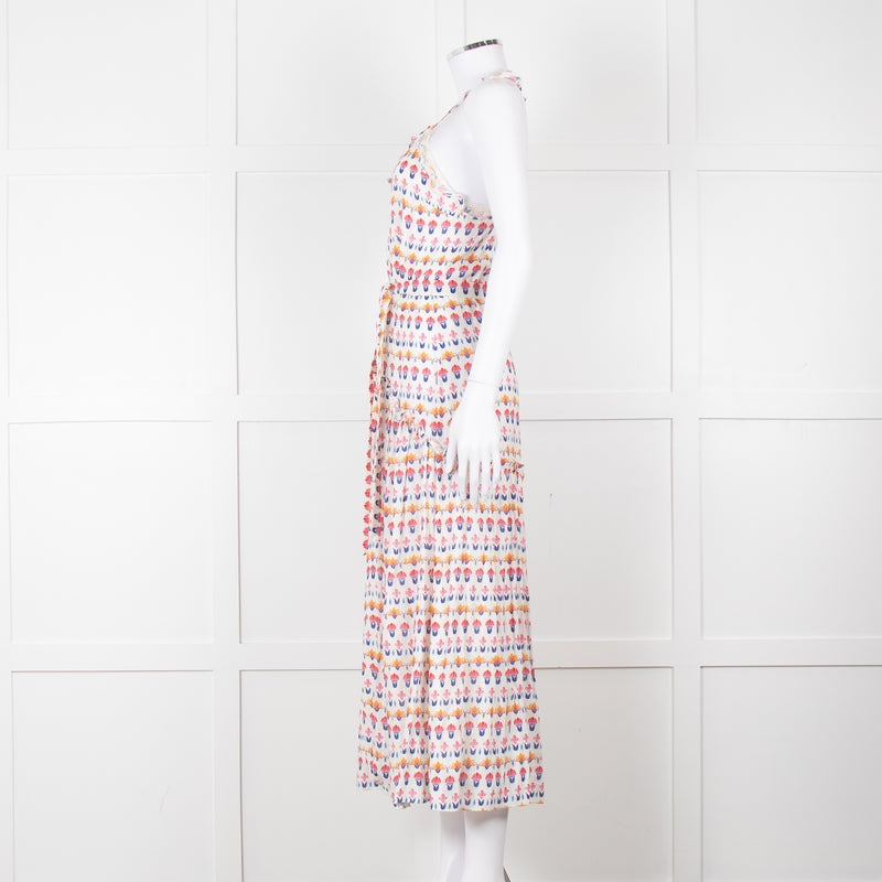 Beulah Cream Red Blue Floral Print Sleeveless Cotton Midi Dress