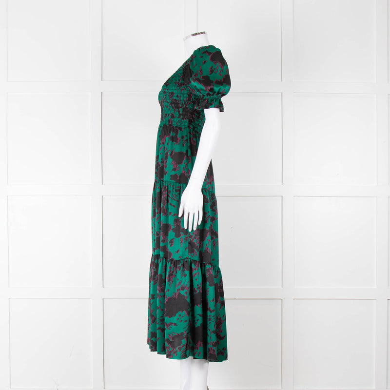 Kitri Green Black Printed Shirred Bodice Maxi Dress