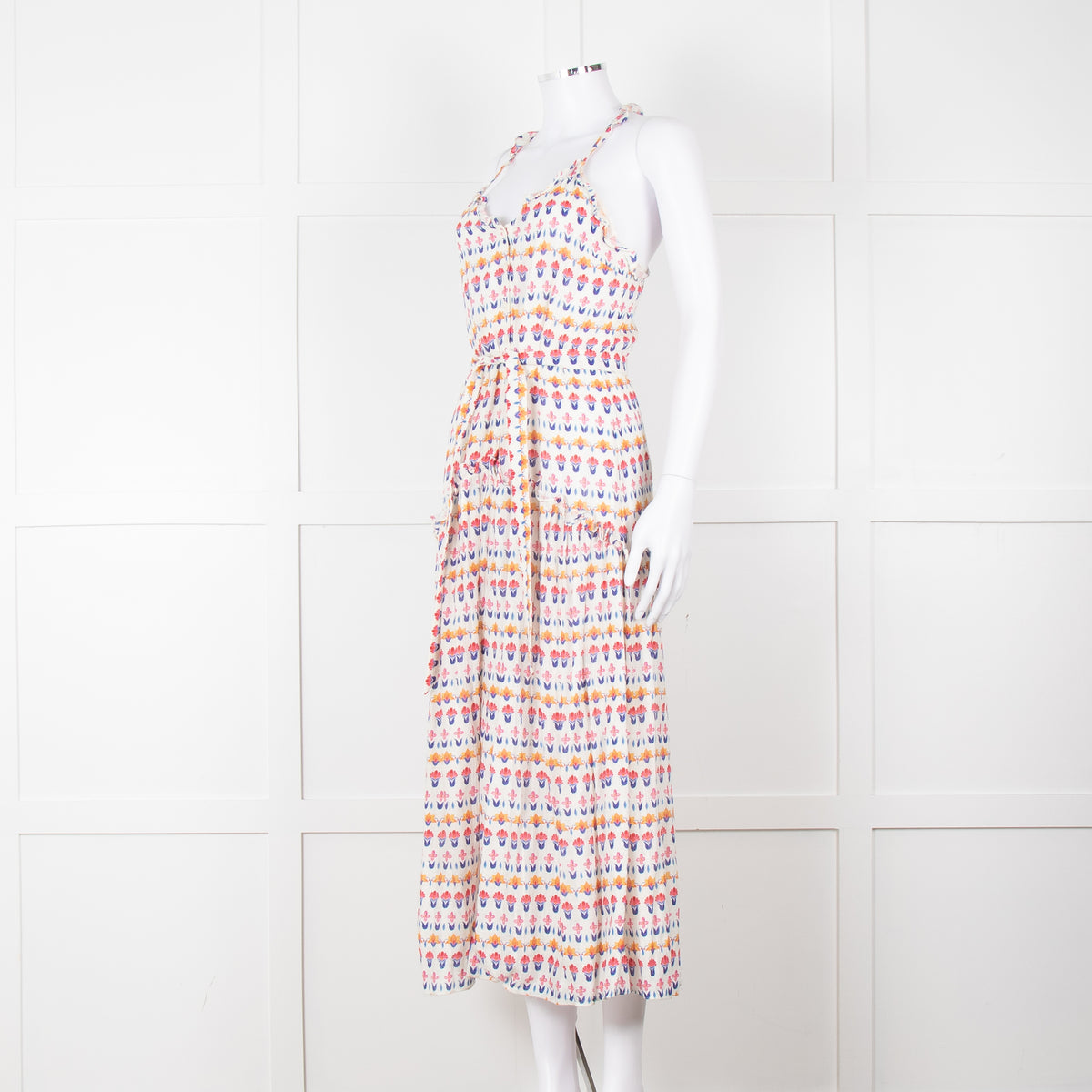 Beulah Cream Red Blue Floral Print Sleeveless Cotton Midi Dress