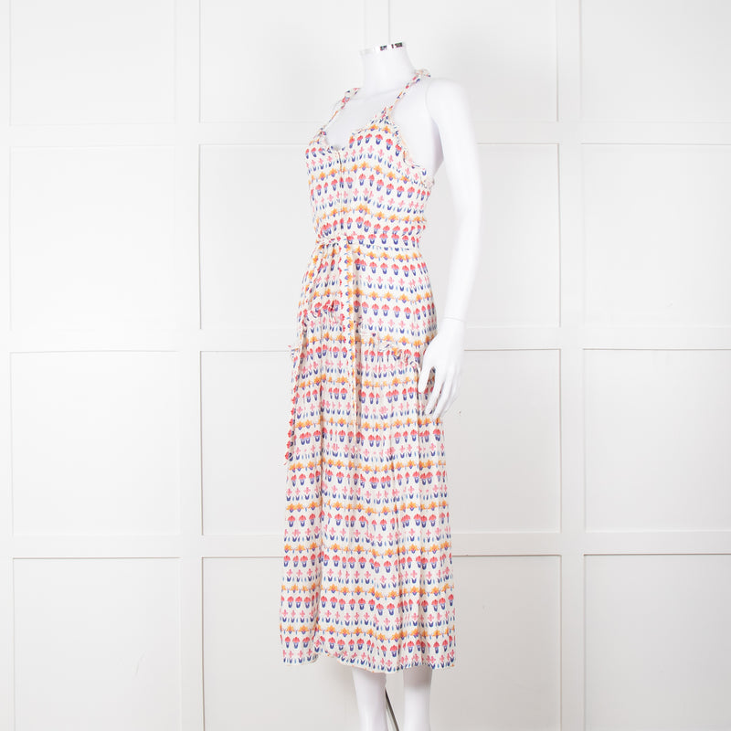 Beulah Cream Red Blue Floral Print Sleeveless Cotton Midi Dress