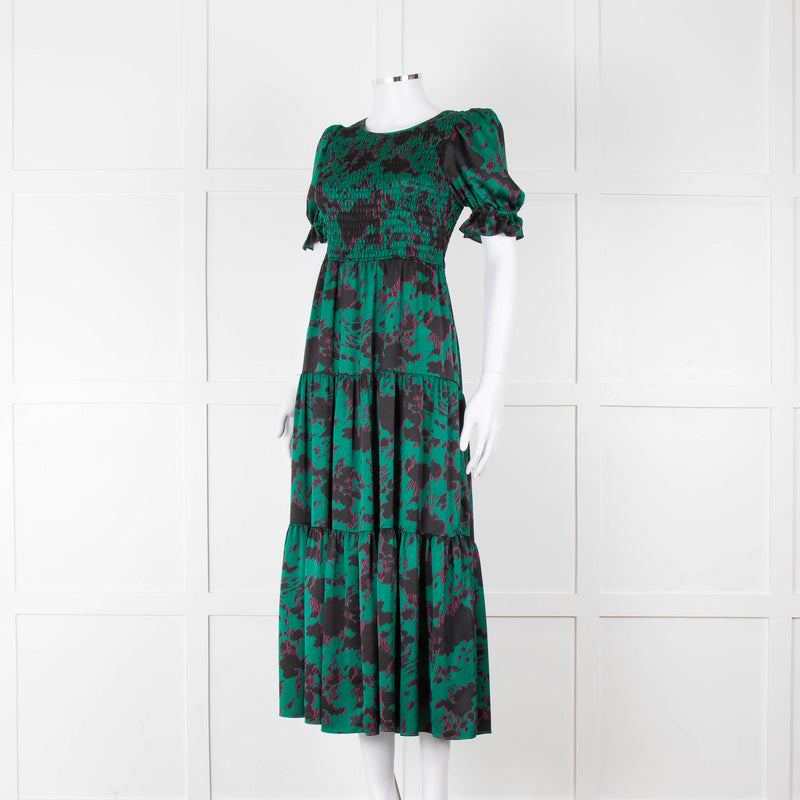 Kitri Green Black Printed Shirred Bodice Maxi Dress