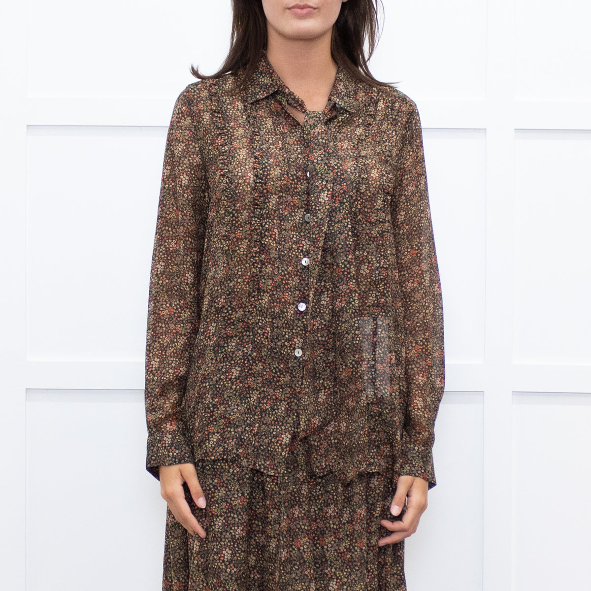 Really Wild Khaki Small Floral Pattern Frill Front Shirt