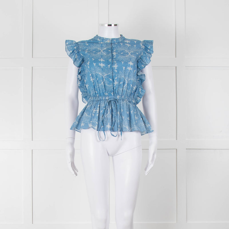 Carolina K Sky Blue White Bird & Blossom Print Sleeveless Top