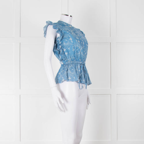Carolina K Sky Blue White Bird & Blossom Print Sleeveless Top