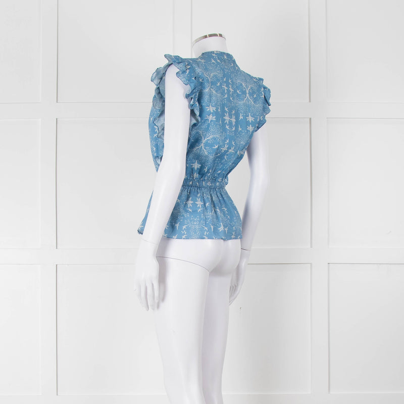 Carolina K Sky Blue White Bird & Blossom Print Sleeveless Top