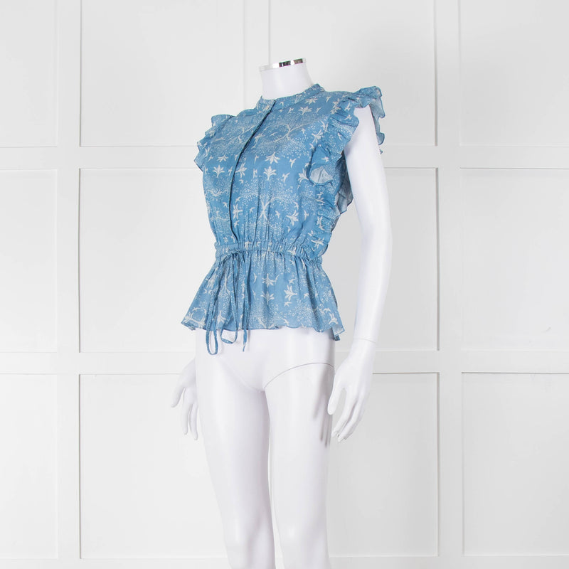 Carolina K Sky Blue White Bird & Blossom Print Sleeveless Top