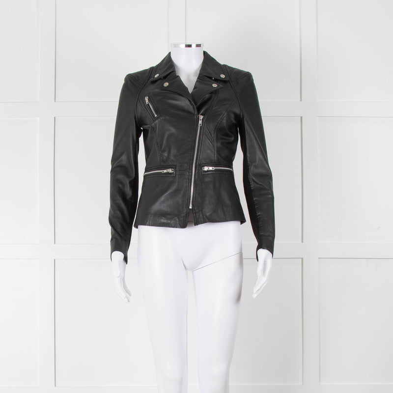 Muubaa Black Leather Knit Panel Sleeve Biker Jacket