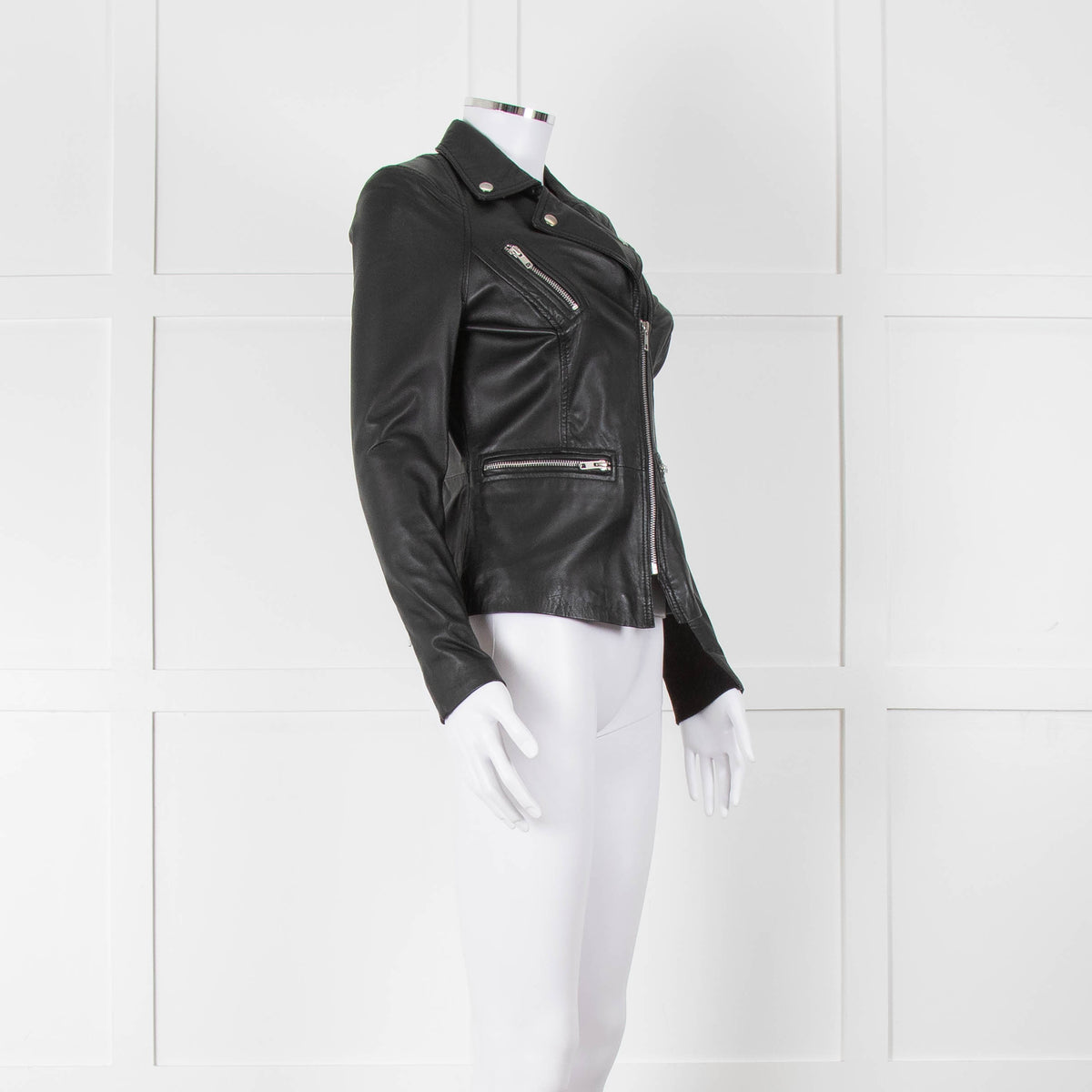 Muubaa Black Leather Knit Panel Sleeve Biker Jacket