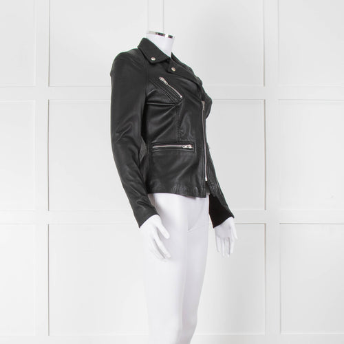 Muubaa Black Leather Knit Panel Sleeve Biker Jacket