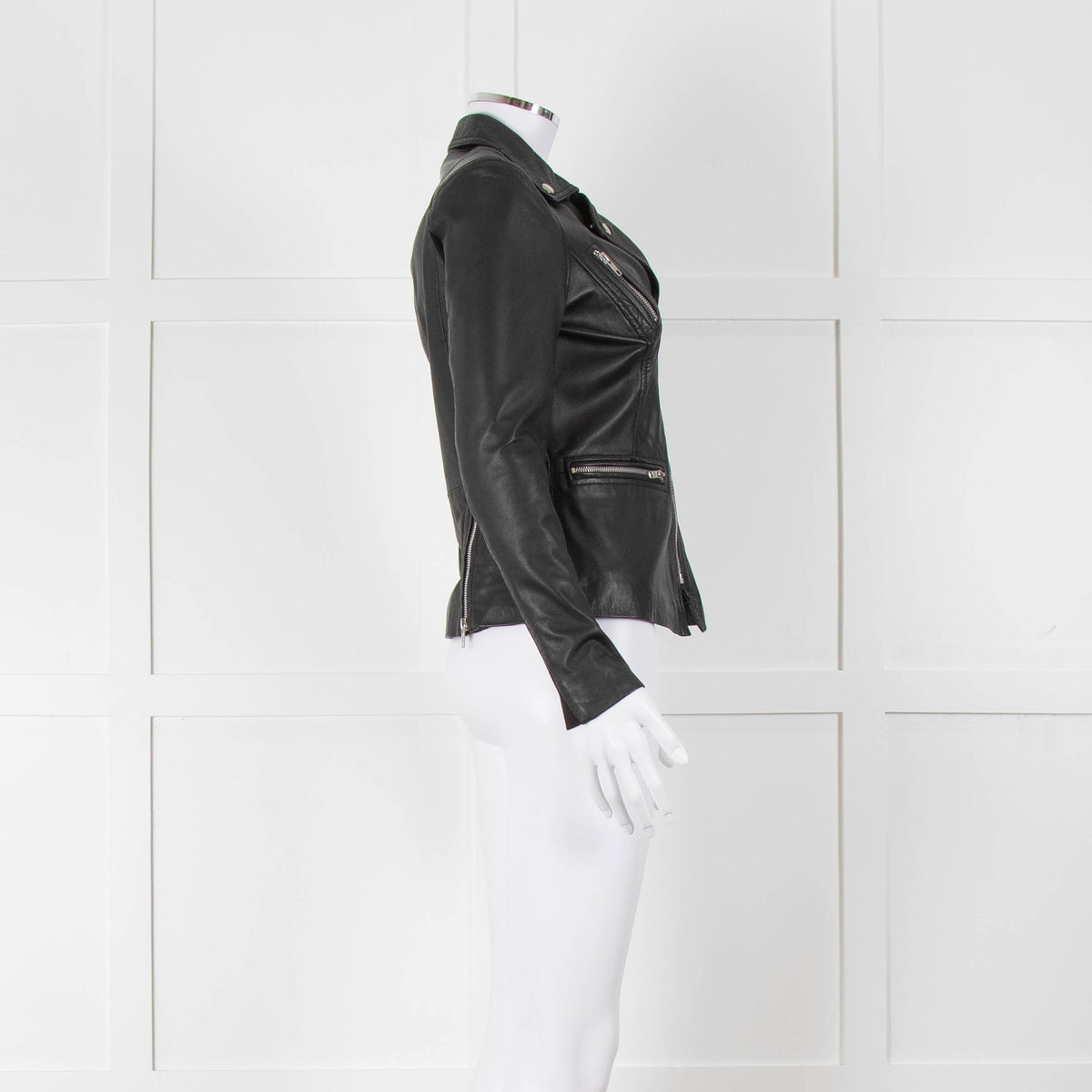 Muubaa Black Leather Knit Panel Sleeve Biker Jacket