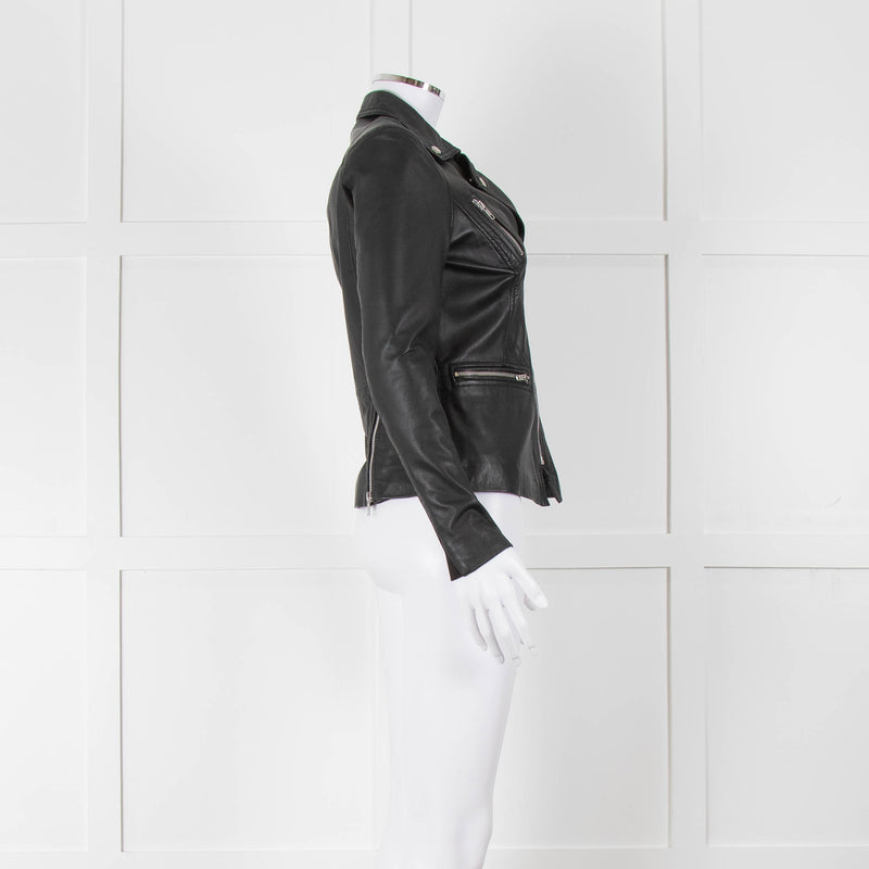 Muubaa Black Leather Knit Panel Sleeve Biker Jacket