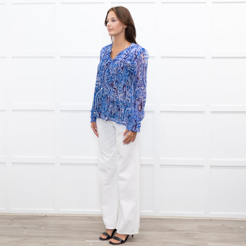 Moliin Blue Patterned Blouse with Smocked Cuffs
