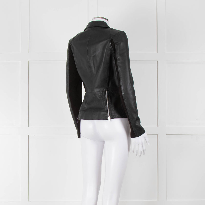 Muubaa Black Leather Knit Panel Sleeve Biker Jacket